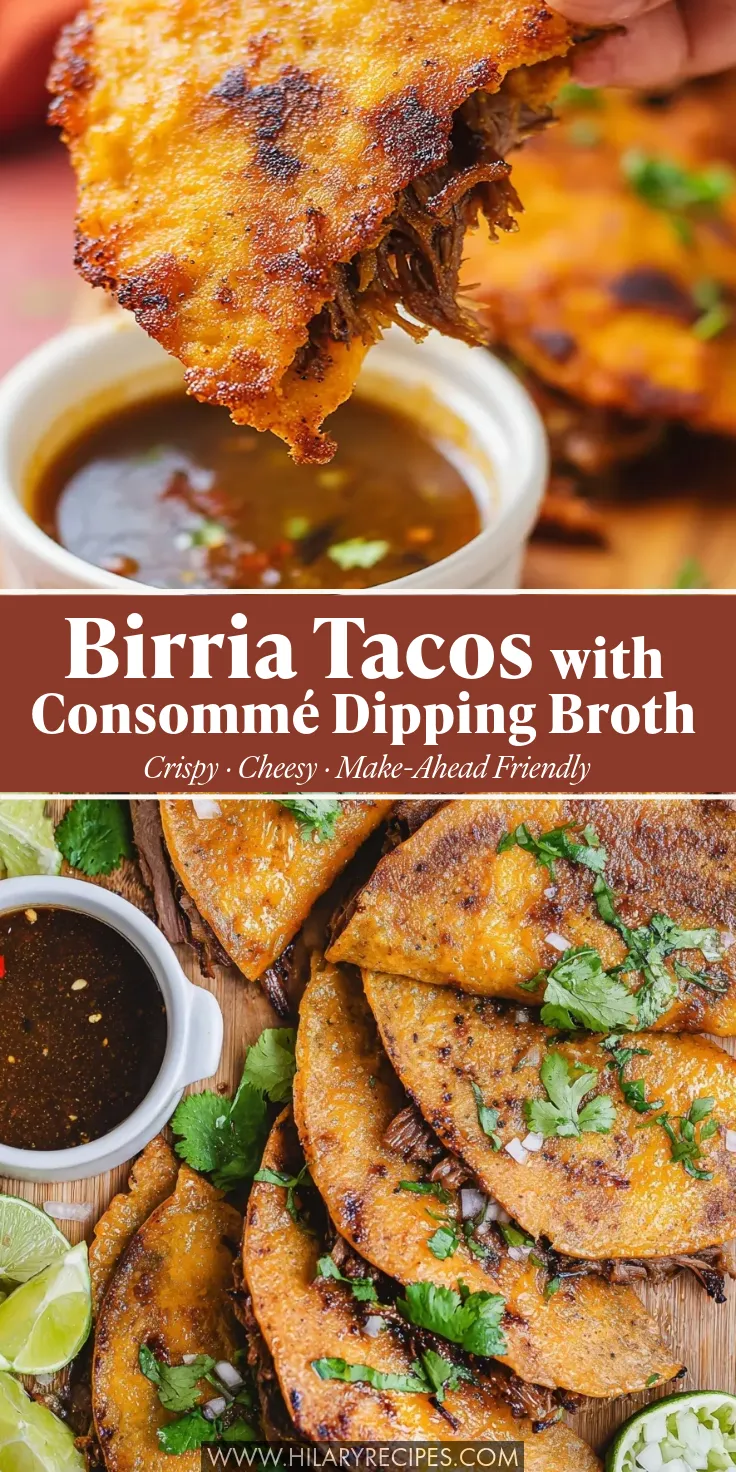 A promotional graphic for Birria Tacos featuring a close-up of a crispy, shredded beef taco being dipped into consommé, a text overlay that reads "Birria Tacos with Consommé Dipping Broth," and a beautifully plated wooden board filled with garnished tacos.
