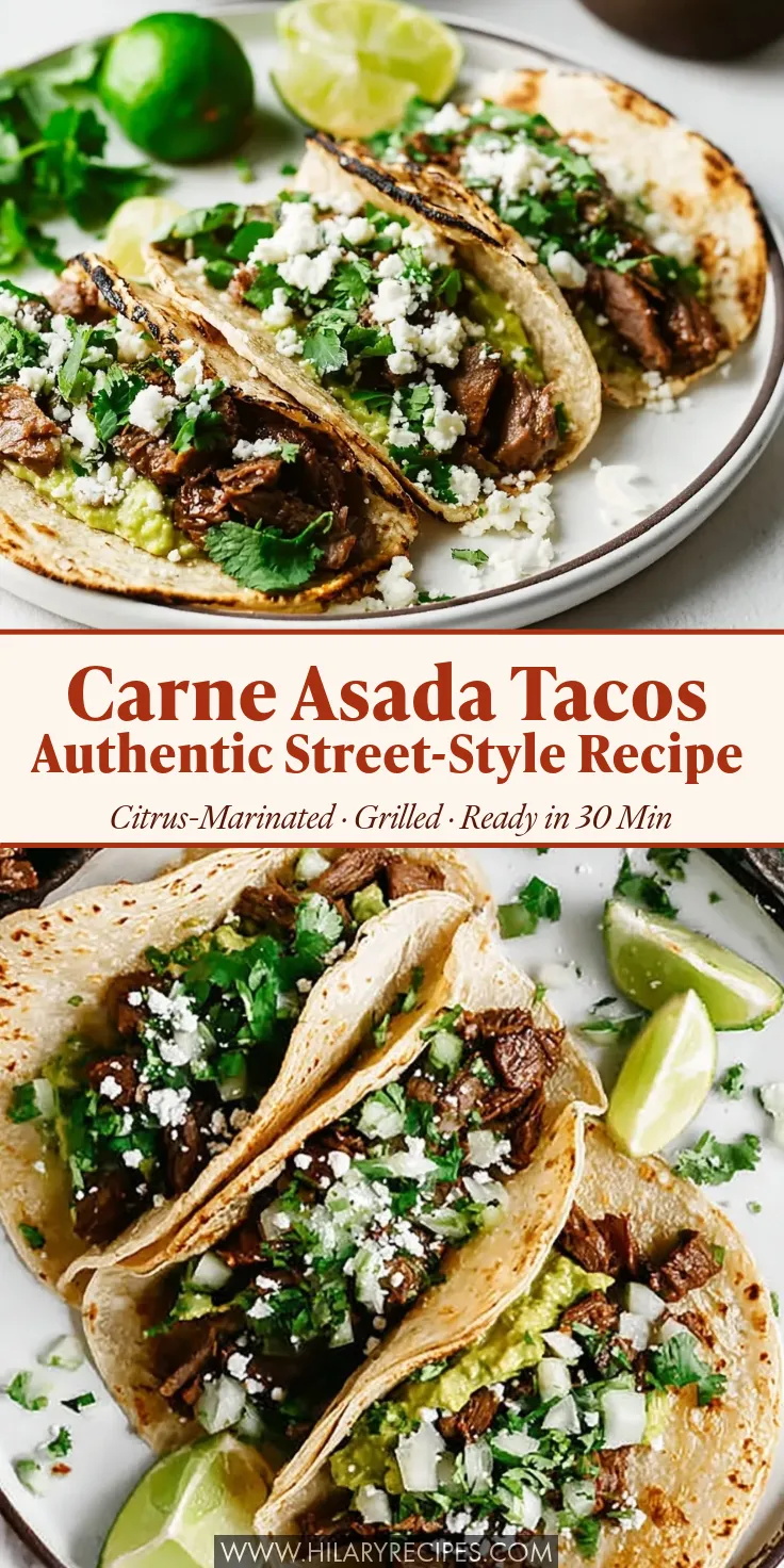 A tall Pinterest graphic featuring two photos of authentic street-style carne asada tacos on lightly charred corn tortillas, topped with mashed avocado, chopped grilled steak, cotija cheese, diced onions, and fresh cilantro. The middle text banner reads "Carne Asada Tacos Authentic Street-Style Recipe, Citrus-Marinated, Grilled, Ready in 30 Min."
