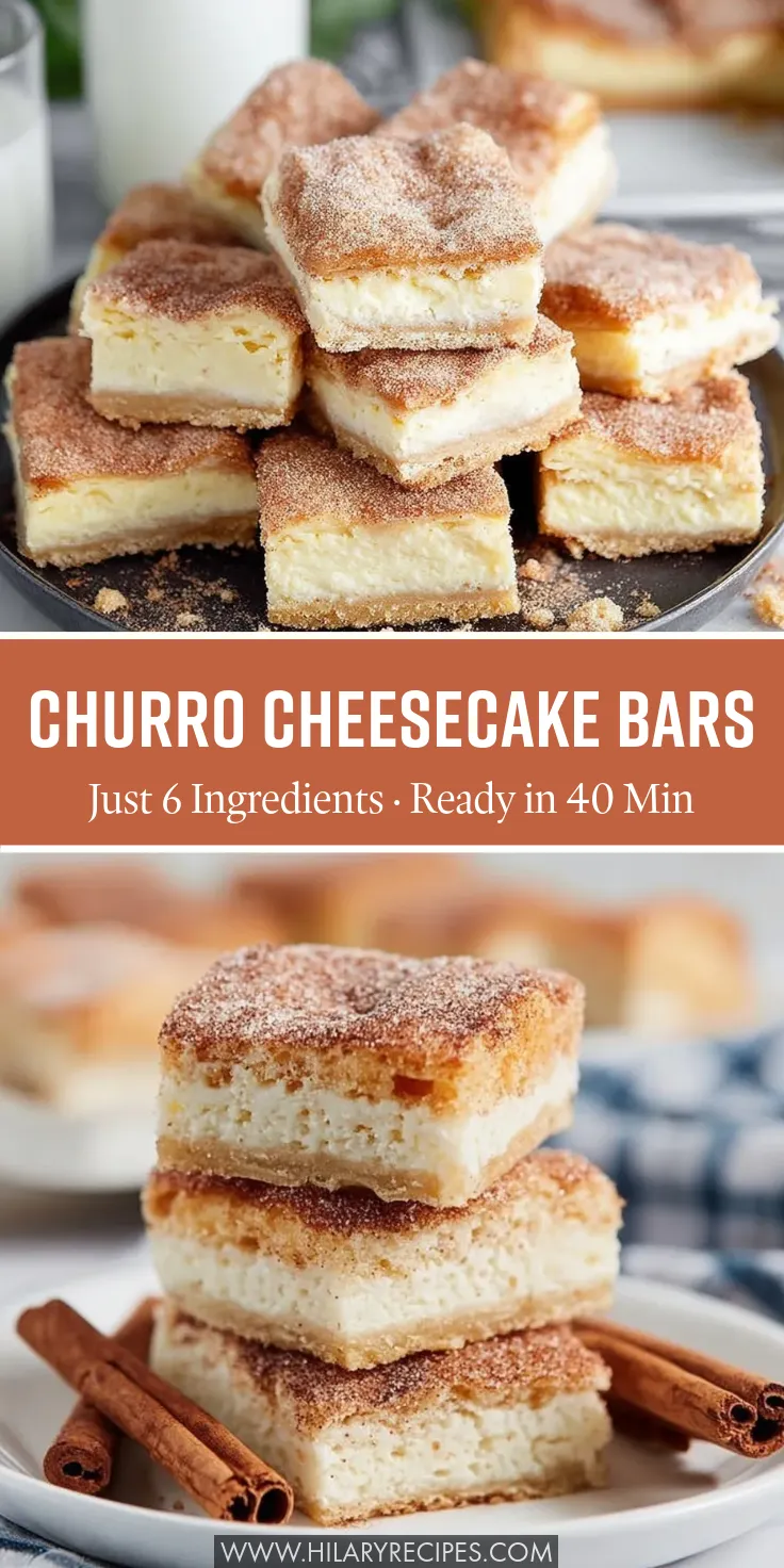 A stack of easy churro cheesecake bars with a thick cream cheese center, flaky crescent crust, and a generous cinnamon sugar topping.