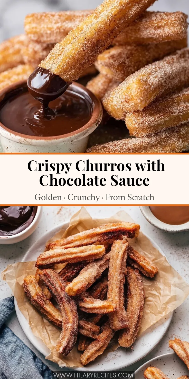 Churros with Chocolate Dipping Sauce pin A split-screen graphic showing a close-up of a cinnamon sugar churro being dipped into glossy dark chocolate sauce on top, and an overhead view of a plate of crispy churros on parchment paper on the bottom. The center text reads 'Crispy Churros with Chocolate Sauce - Golden, Crunchy, From Scratch.