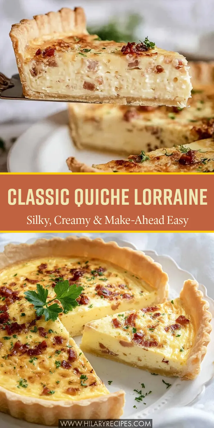 A Pinterest graphic for classic quiche lorraine showing a close-up slice with a silky custard, bacon, and a flaky crust, along with the full golden tart in a white fluted pan. Text overlay reads 'Classic Quiche Lorraine - Silky, Creamy & Make-Ahead Easy'