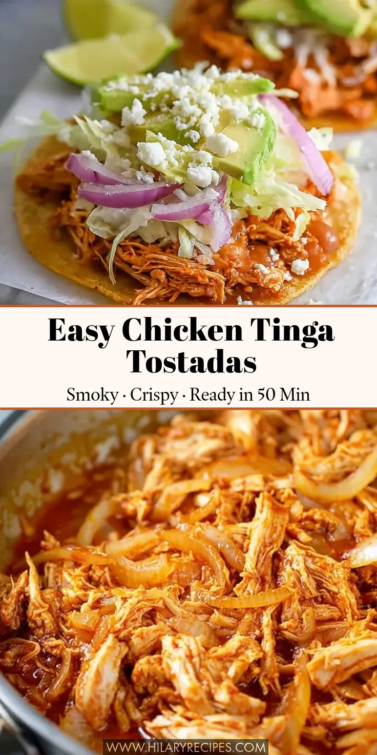 Easy Chicken Tinga Tostadas pin A split-screen graphic showing a fully assembled chicken tinga tostada topped with shredded lettuce, red onions, avocado slices, and cotija cheese on the top half, and shredded chicken simmering in a rich red chipotle sauce with sliced onions in a skillet on the bottom half. Center text reads: "Easy Chicken Tinga Tostadas - Smoky · Crispy · Ready in 50 Min"