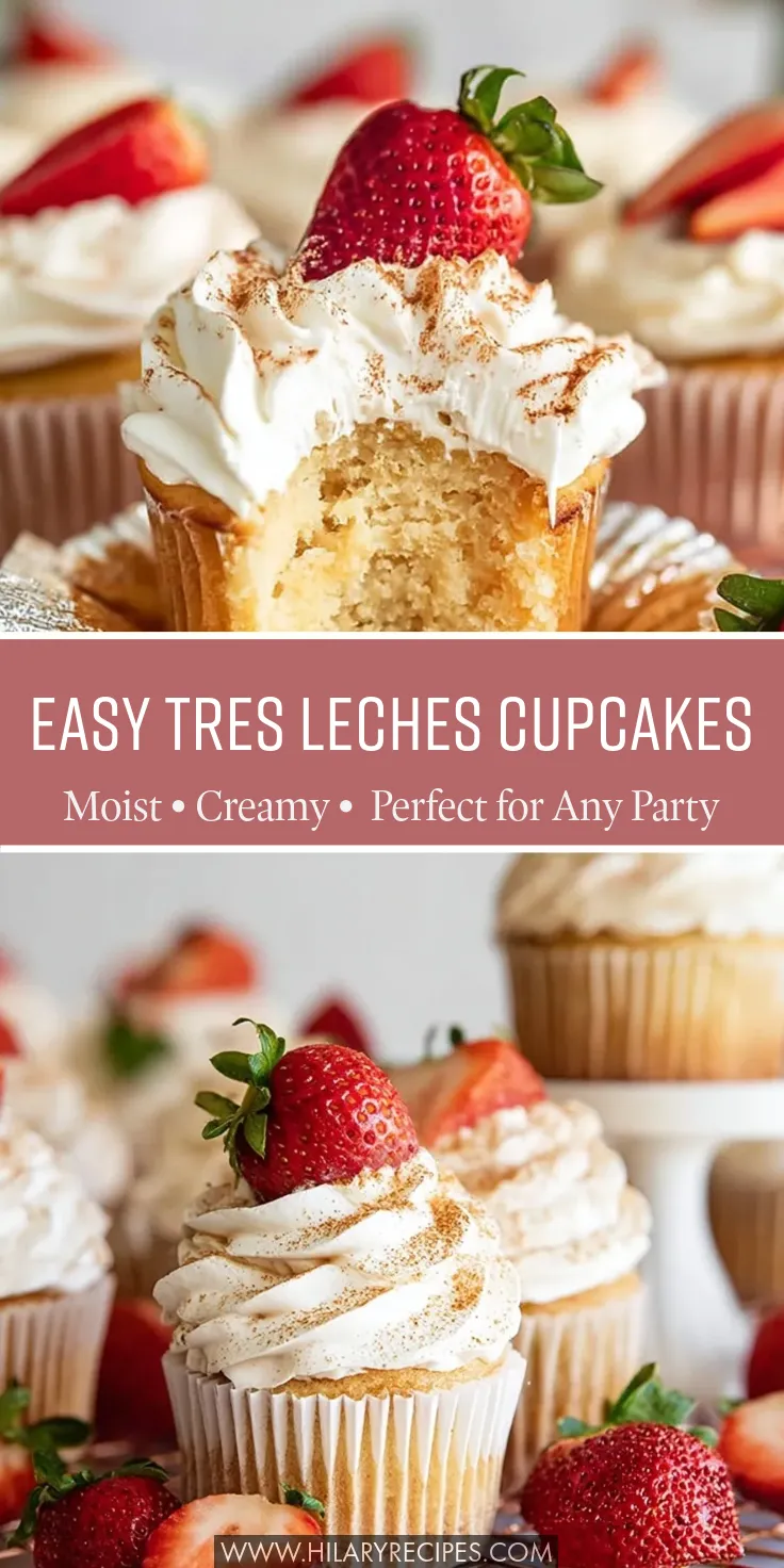 A close-up of an incredibly moist tres leches cupcake with a bite taken out, topped with fluffy whipped cream, a dusting of cinnamon, and a fresh strawberry. The image includes a title overlay that reads "Easy Tres Leches Cupcakes: Moist, Creamy, Perfect for Any Party" above a batch of freshly decorated cupcakes.