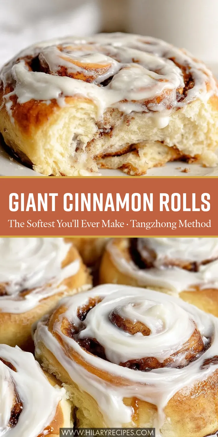 Close-up of a frosted homemade cinnamon roll revealing a fluffy interior, above a pan of freshly baked, gooey cinnamon rolls. A text overlay in the center reads "Giant Cinnamon Rolls - The Softest You'll Ever Make - Tangzhong Method."