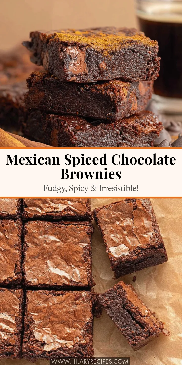 Mexican Spiced Chocolate Brownies pin A Pinterest graphic featuring thick, fudgy Mexican spiced chocolate brownies. The top half shows a stack of brownies dusted with cinnamon next to a coffee, while the bottom shows crackly-topped squares on parchment paper. The text overlay reads "Mexican Spiced Chocolate Brownies - Fudgy, Spicy & Irresistible!"