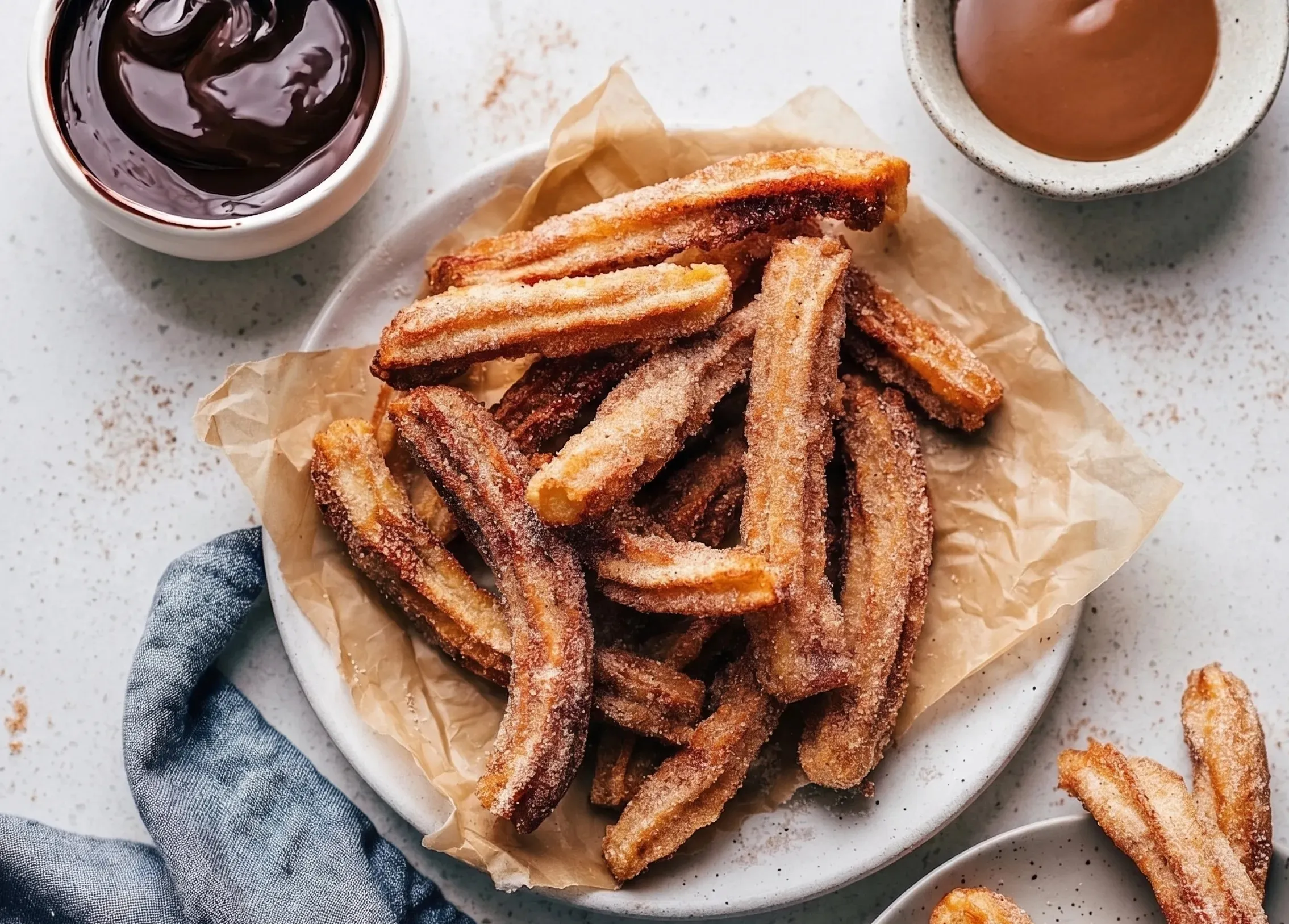 homemade churros An overhead shot of a light plate lined with crumpled parchment paper, piled high with golden, cinnamon-sugar coated churros. A small bowl of glossy dark chocolate sauce sits to the top left, and a bowl of caramel dip is to the top right, all resting on a light speckled surface next to a blue linen napkin.