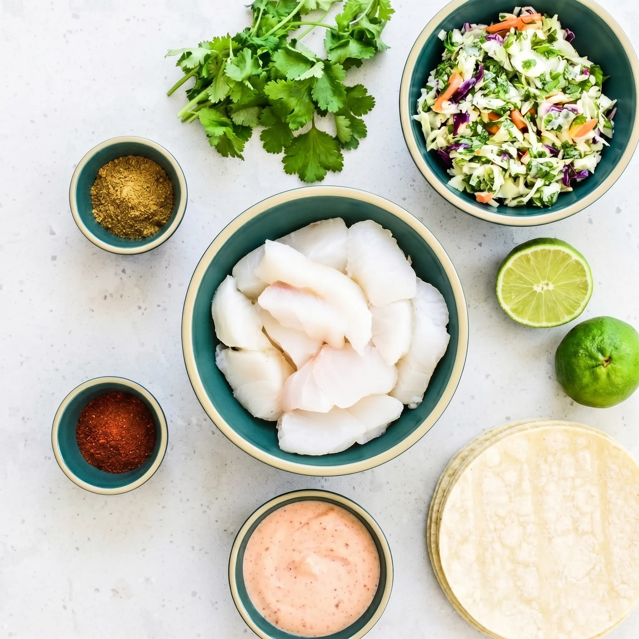 Baja fish taco ingredients An overhead flat lay of fresh Baja fish taco ingredients on a light speckled countertop, featuring bowls of raw white fish pieces, cabbage slaw, chipotle mayo, spices, fresh cilantro, whole and halved limes, and a stack of soft tortillas.