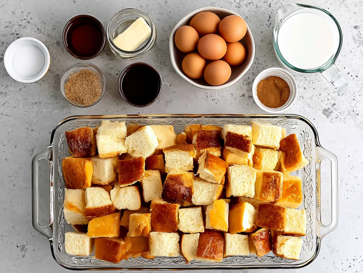 Top-down view of French toast casserole ingredients on a light gray countertop, featuring a clear glass baking dish filled with cubed bread sitting below small bowls of eggs, milk, butter, brown sugar, cinnamon, vanilla, salt, and maple syrup.