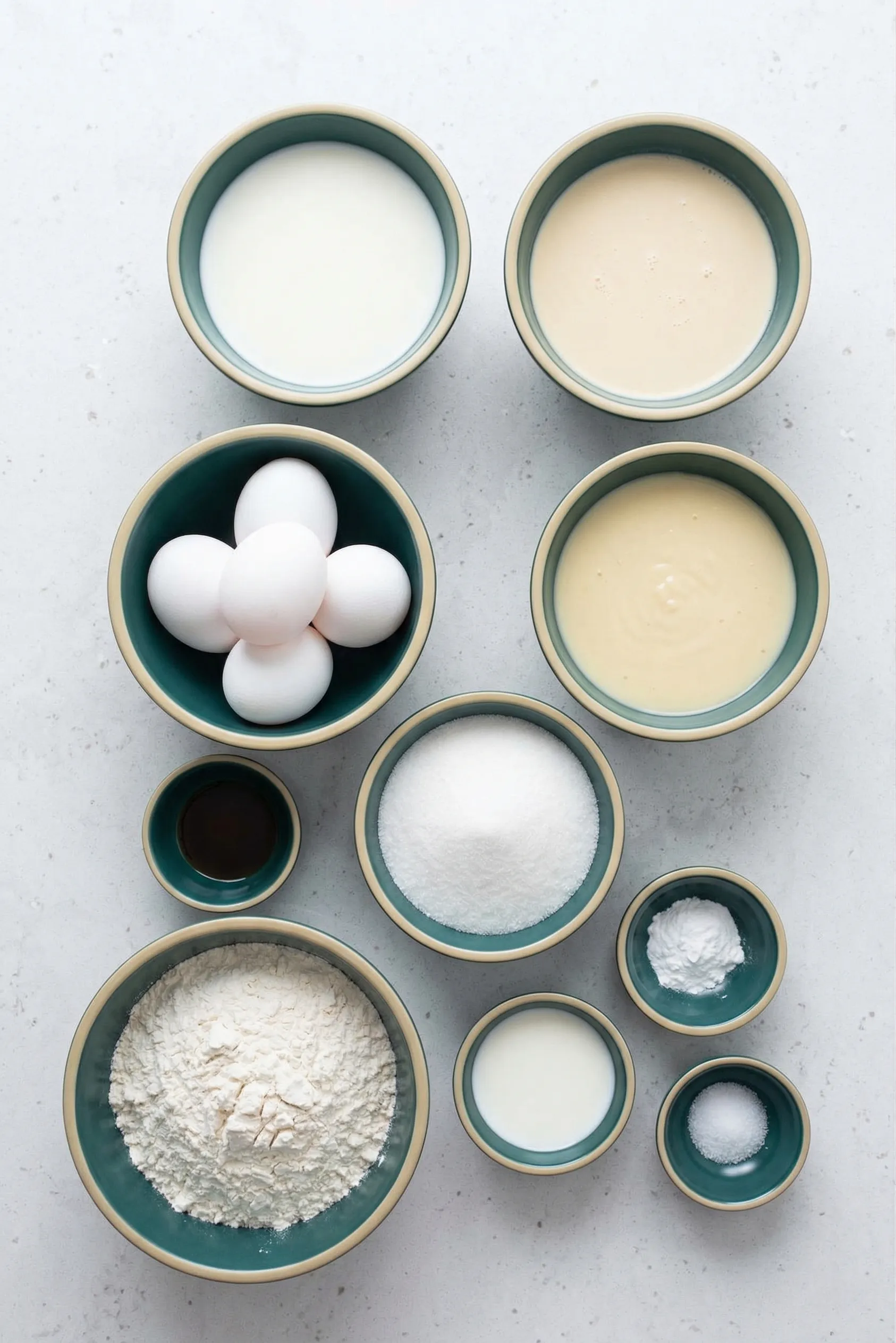 ingredients for tres leches cake A top-down view of pre-measured ingredients for authentic tres leches cake, neatly arranged in teal bowls on a light countertop, including flour, sugar, five whole eggs, vanilla extract, and different types of milk.