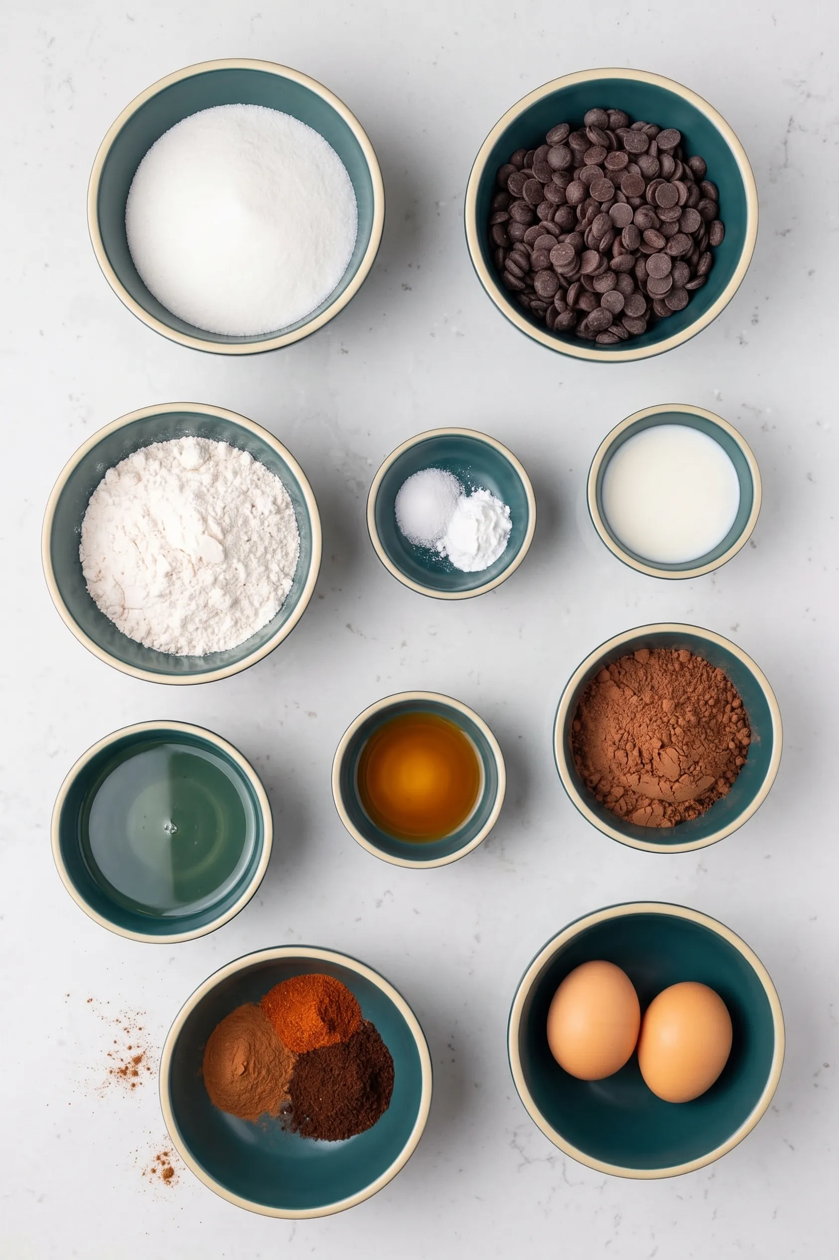 Mexican Spiced Chocolate Brownies ingredients An overhead flat lay of baking ingredients neatly arranged in round, dark teal bowls on a white marble countertop. The bowls contain granulated sugar, semi-sweet chocolate chips, all-purpose flour, salt and cornstarch, heavy cream, melted butter, vanilla extract, cocoa powder, two whole eggs, and a trio of warming spices including cinnamon and cayenne pepper.