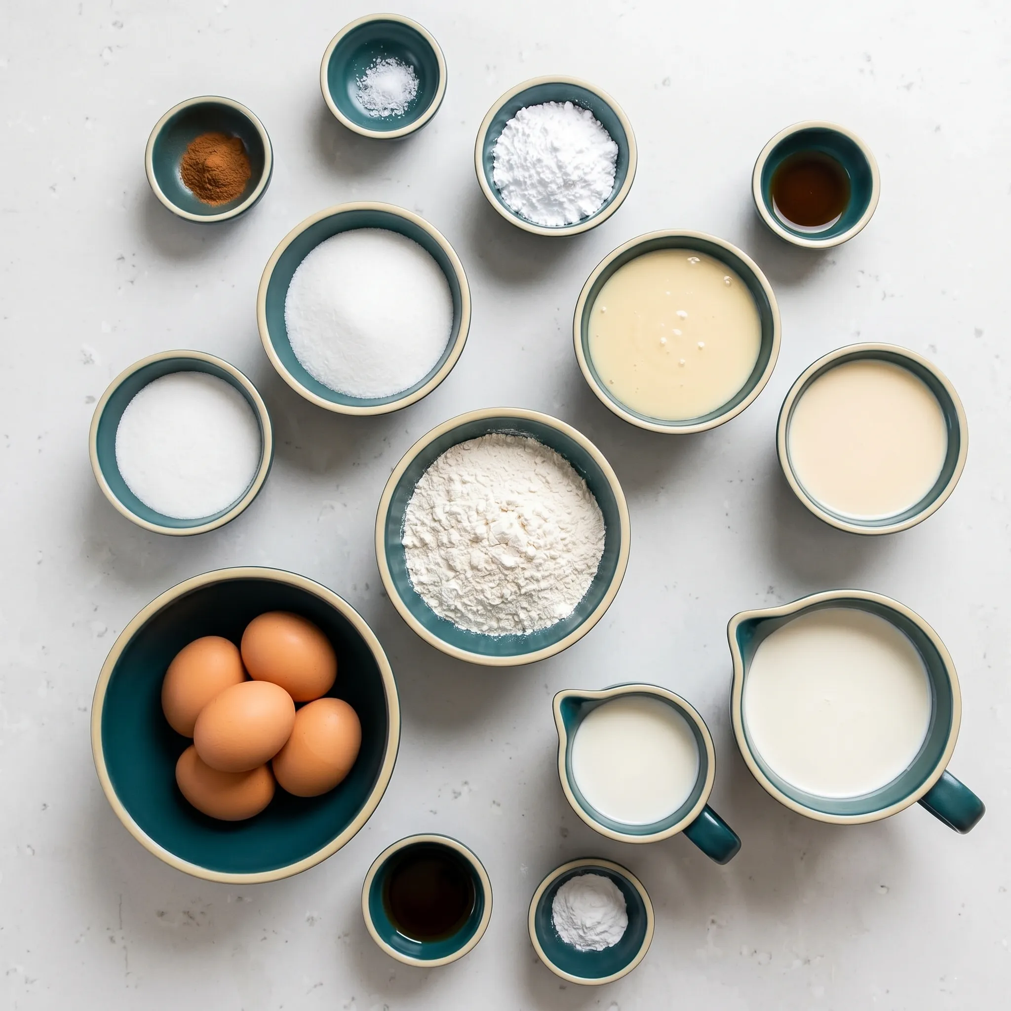An overhead flat lay of baking ingredients, including flour, sugar, eggs, various milks, and spices, neatly pre-measured into matching teal and cream ceramic bowls on a light grey speckled surface.