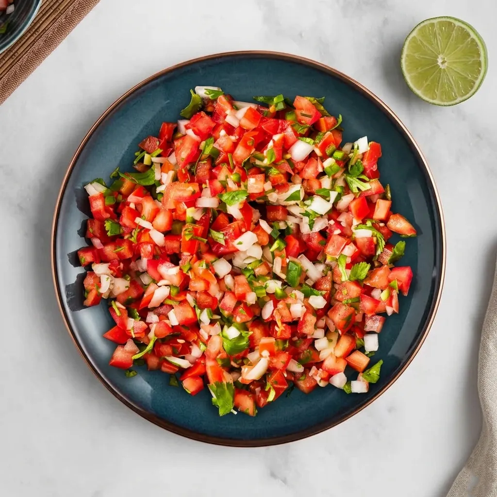 Overhead view of freshly made pico de gallo in a dark blue bowl on a white marble countertop. A cut lime half rests in the top right corner. The salsa is a vibrant mix of finely diced red tomatoes, white onions, green jalapeños, and cilantro.
