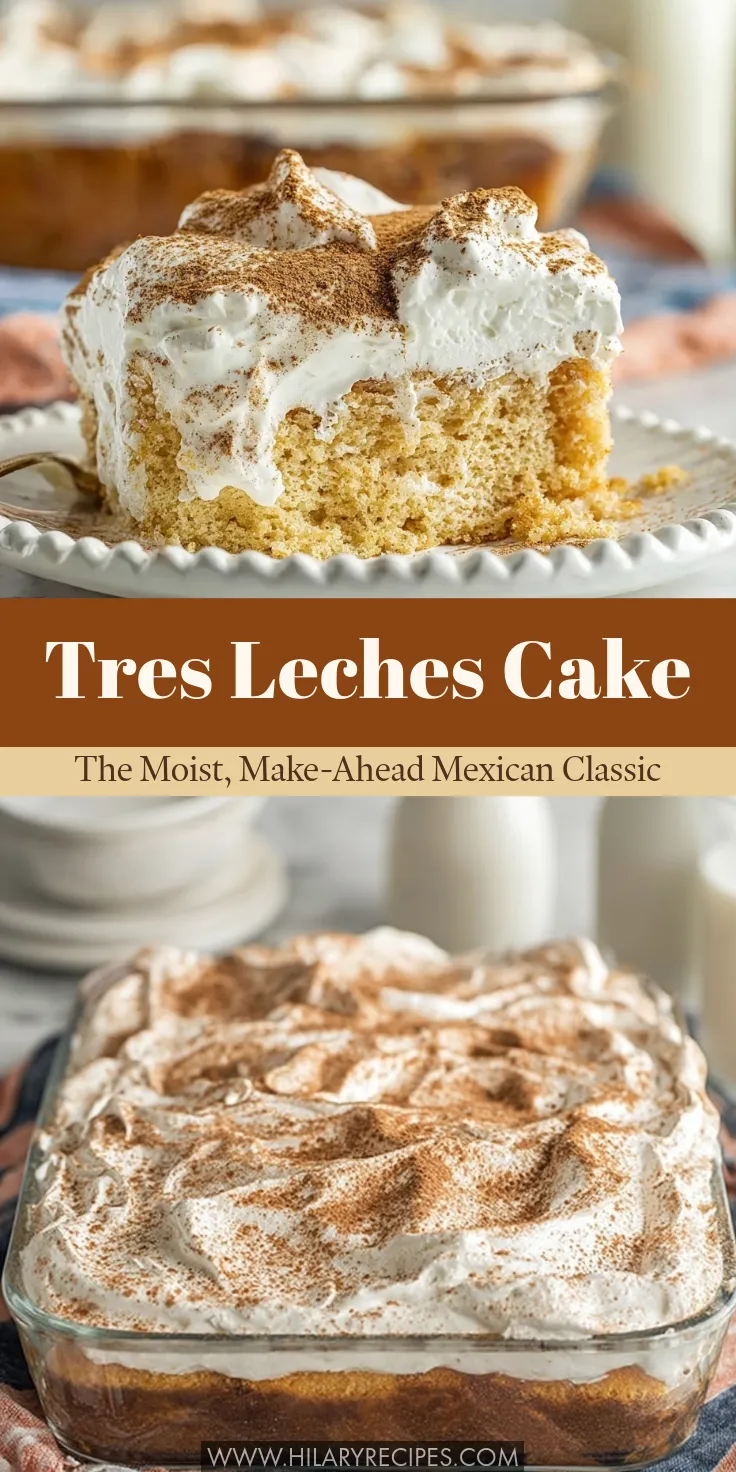 tres leches cake pin A beautifully plated slice of authentic tres leches cake soaked in three milks, along with a full glass baking dish of the dessert topped with whipped cream and cinnamon.