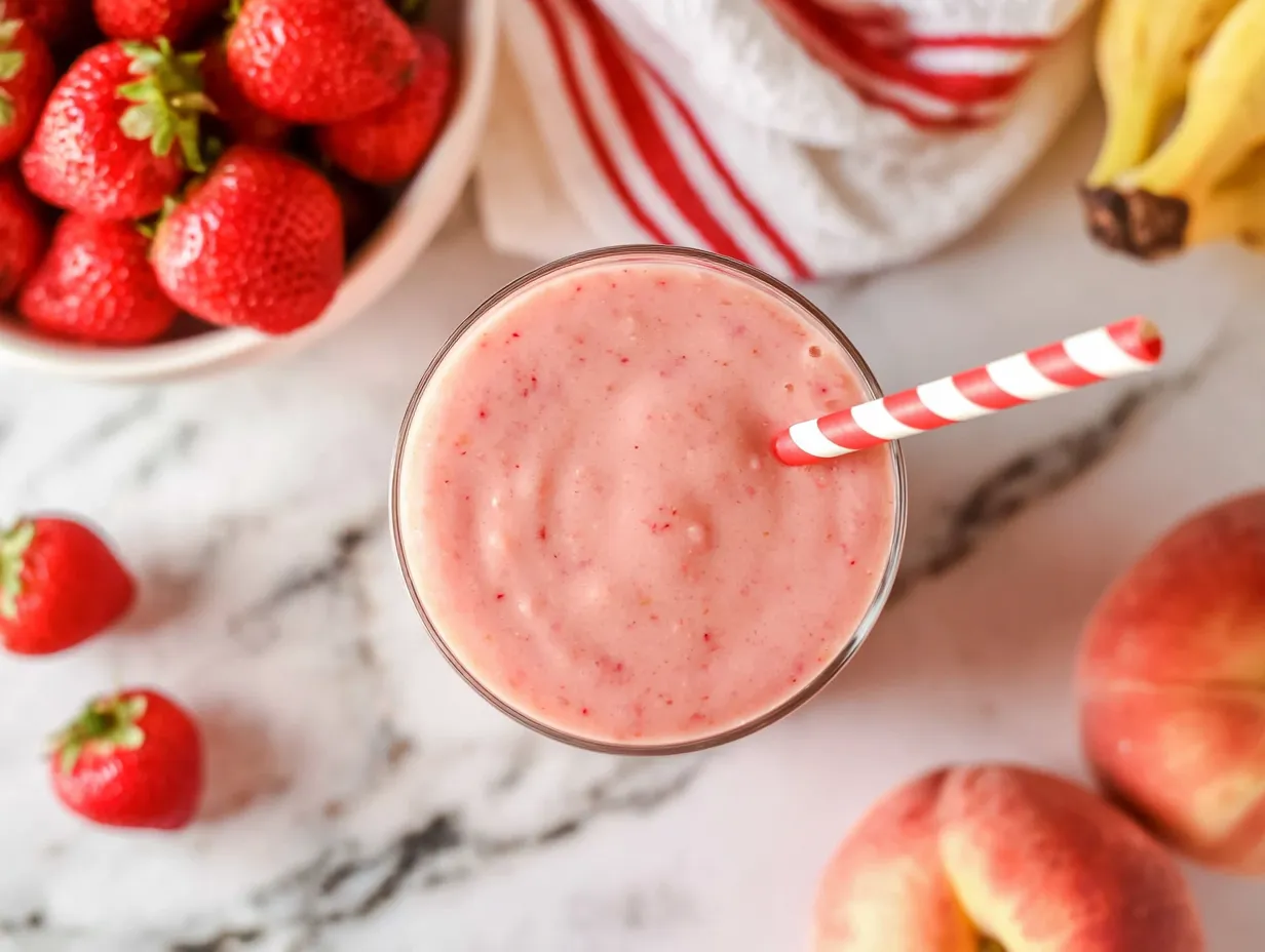 A top-down photograph of a round glass filled with a creamy strawberry banana smoothie and a red and white striped straw. The glass rests on a white marbled surface next to a bowl of fresh whole strawberries, ripe bananas, a red and white striped kitchen towel, and two whole peaches.