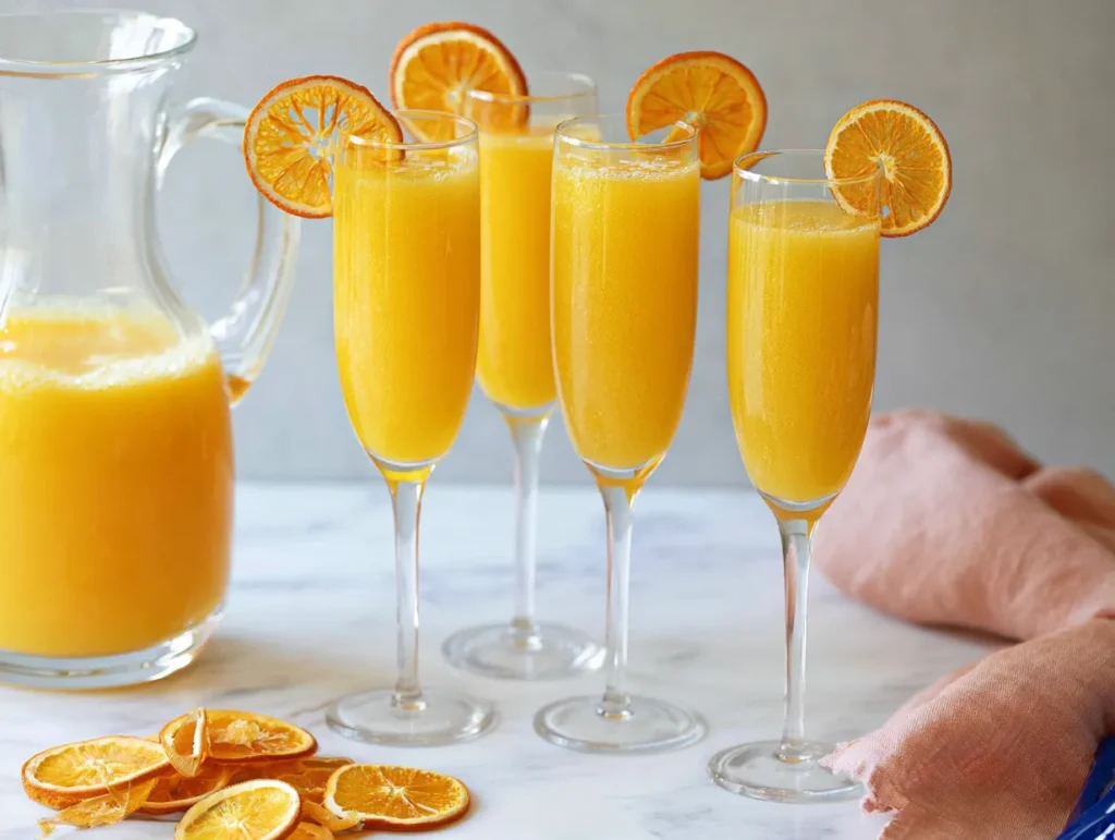 Four tall champagne flutes filled with a bright orange virgin mimosa and garnished with dehydrated orange wheels, arranged on a white marble surface next to a full glass pitcher and a pink linen napkin.