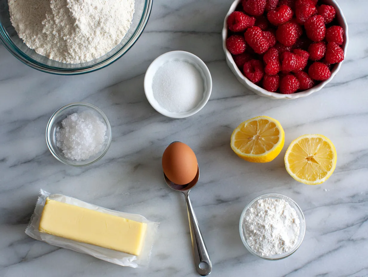 Overhead shot of baking ingredients on a white marble surface, featuring a glass bowl of flour, fresh red raspberries, a halved lemon, an unwrapped stick of butter, an egg on a silver spoon, and small bowls of sugar and salt.