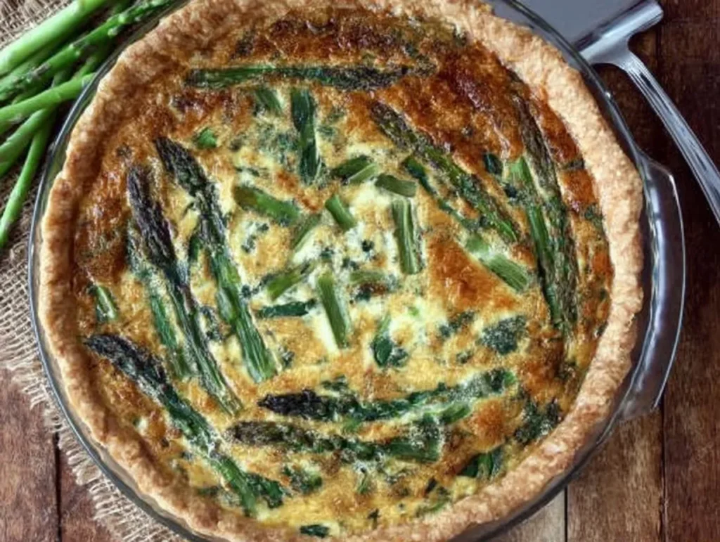 An overhead view of a freshly baked, golden-brown asparagus quiche in a glass pie dish, sitting on a rustic wooden table next to raw green asparagus spears and a serving spatula