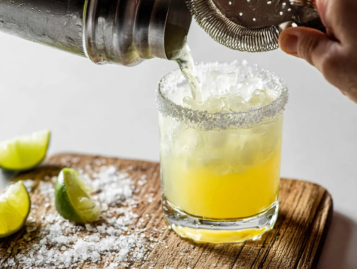 An action shot of a hand using a cocktail strainer to pour liquid from a metal shaker into a salt-rimmed rocks glass filled with ice. The glass rests on a rustic wooden board scattered with coarse white salt and cut green lime wedges, highlighting the vibrant yellow base of the virgin margarita mocktail.