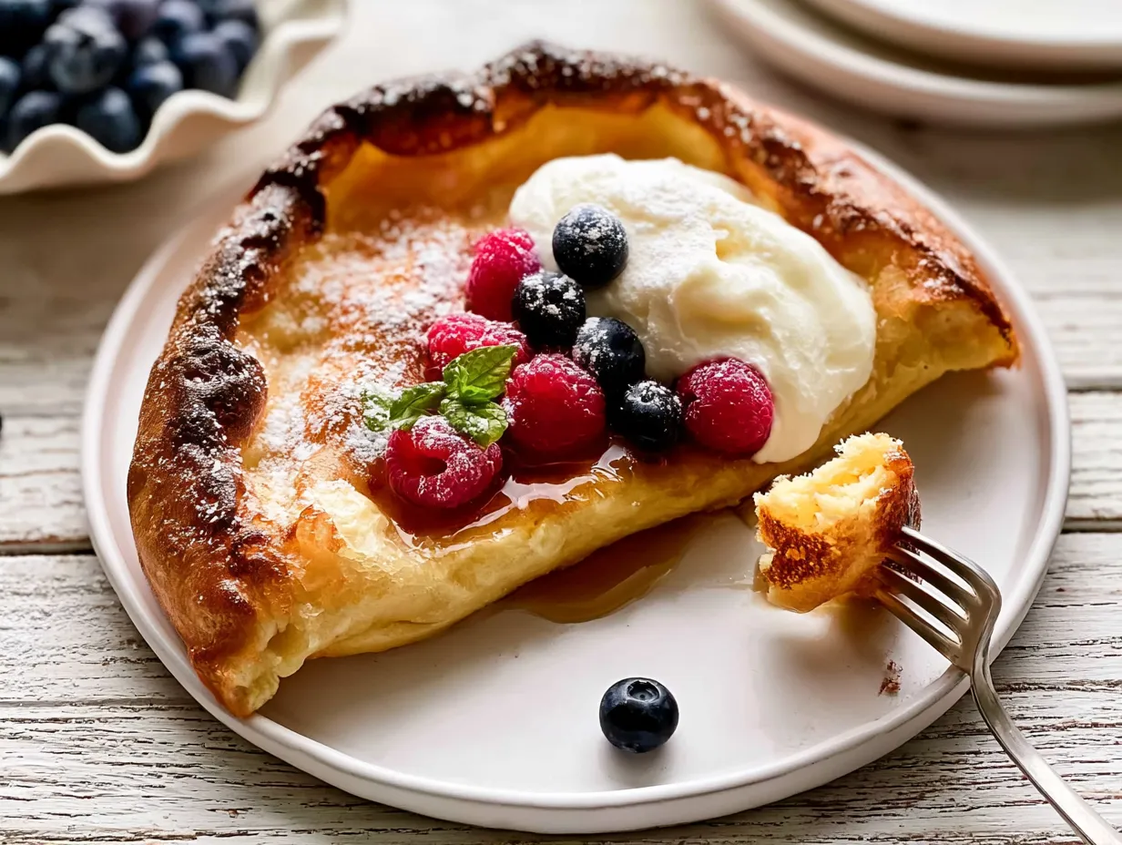 Close-up of a sliced wedge of a deeply golden Dutch baby pancake on a white plate, topped with whipped cream, fresh raspberries, blueberries, powdered sugar, and syrup, with a fork holding a tender bite.