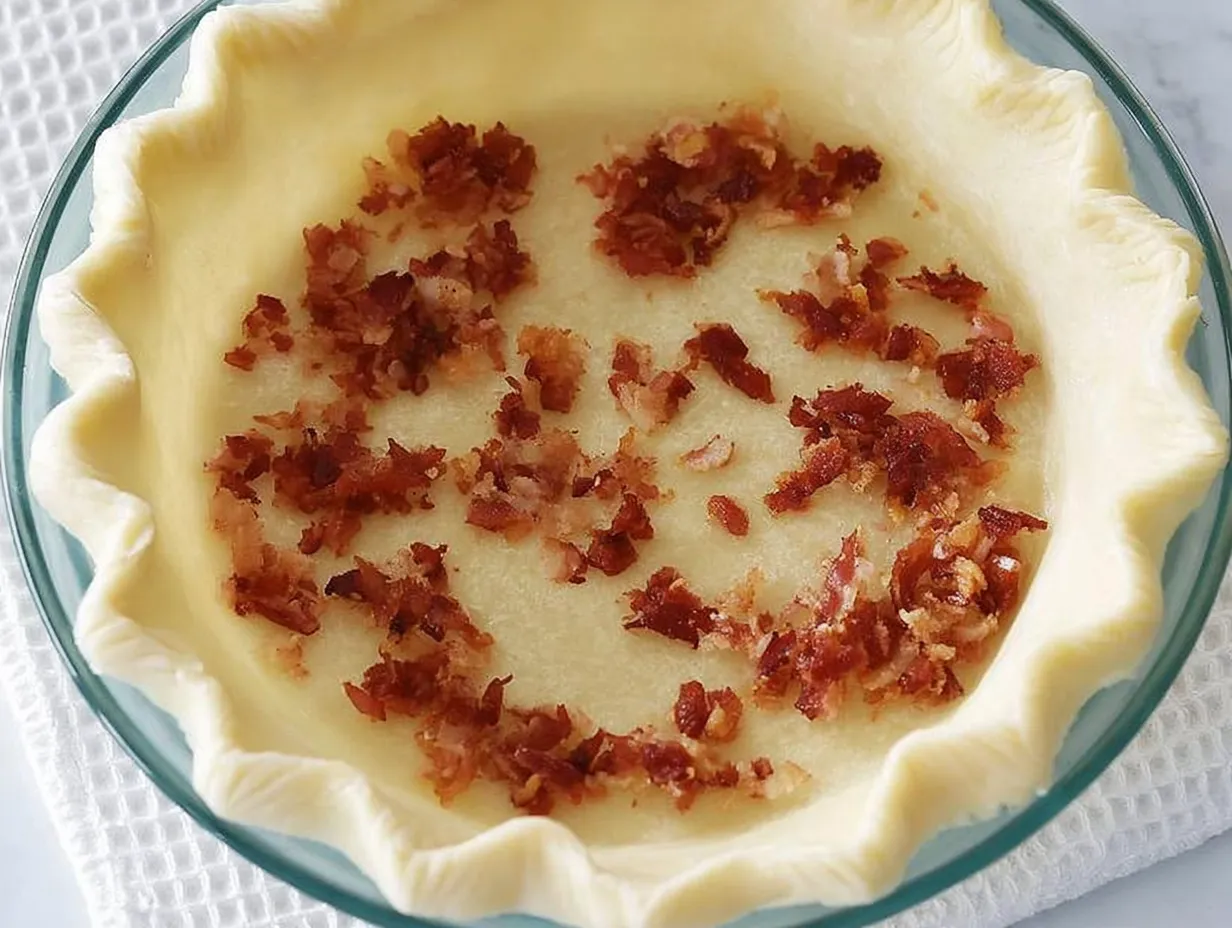 An unbaked pie crust fitted into a round glass pie pan with crisp crumbled bacon scattered evenly across the bottom pastry layer.