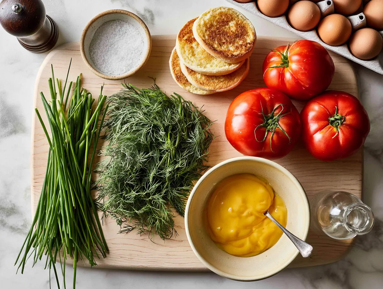 Overhead view of fresh ingredients for eggs benedict with hollandaise sauce, including bright red tomatoes, toasted English muffins, chives, dill, and a bowl of egg yolks on a wooden cutting board.