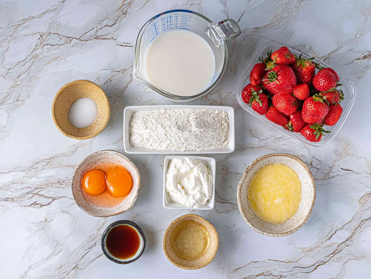 An overhead shot of crepe ingredients neatly arranged on a white marble surface, including a measuring cup of milk, fresh strawberries, a dish of flour, eggs, thick cream, melted butter, vanilla extract, and sugar.