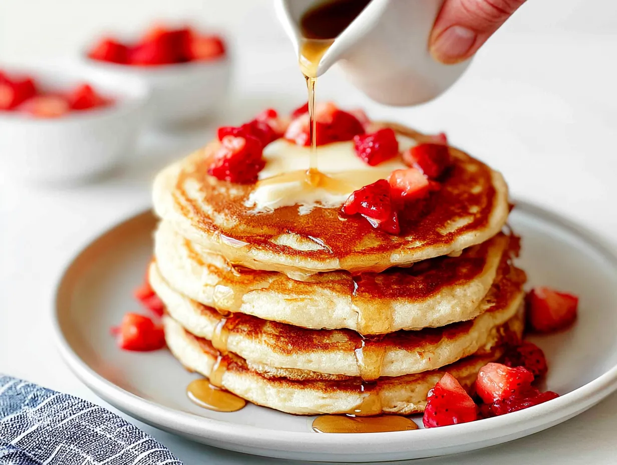 A close-up shot of a hand pouring warm maple syrup over a stack of fluffy ricotta pancakes topped with melting butter and fresh strawberries.