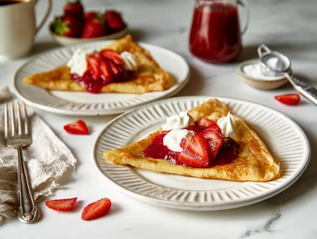Two plates of perfectly golden folded crepes topped with sweet strawberry sauce, fresh sliced strawberries, and fluffy whipped cream on a white marble countertop.