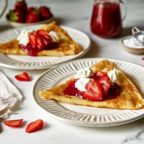 Two plates of perfectly golden folded crepes topped with sweet strawberry sauce, fresh sliced strawberries, and fluffy whipped cream on a white marble countertop.