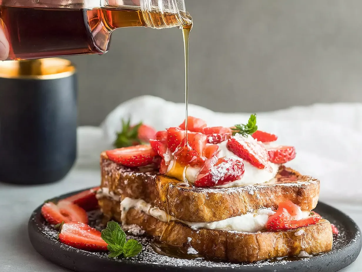 Glossy warm maple syrup being poured from a glass bottle over golden brown stuffed French toast with cream cheese, topped with fresh sliced strawberries and mint on a black plate.