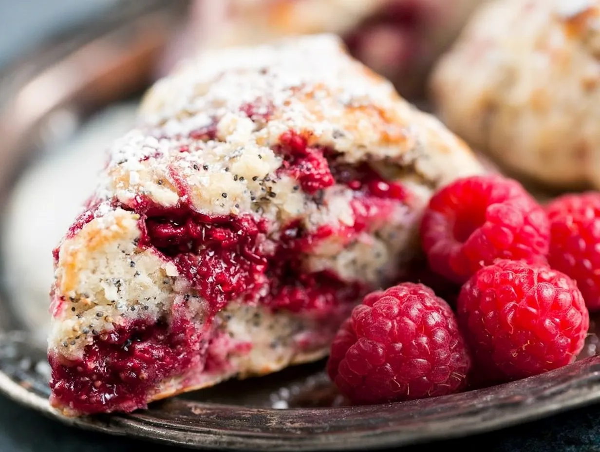 Close-up cross-section of a baked raspberry poppyseed scone on a rustic silver plate, revealing a tender interior loaded with jammy red berries, garnished with fresh whole raspberries.