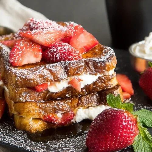 Close-up of golden brown cream cheese stuffed French toast with strawberries on brioche, layered in a stack on a black plate with warm maple syrup, powdered sugar, and a side of whipped cream.