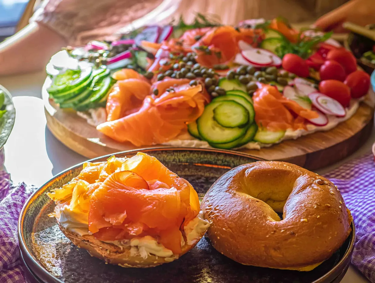 A close-up view of an open-faced bagel loaded with cream cheese and fanned smoked salmon next to a plain bagel half on a dark rustic plate. In the background, friends gather around a large round wooden board filled with smoked salmon, cucumber rounds, sliced radishes, cherry tomatoes, and capers scattered over a base layer of cream cheese.