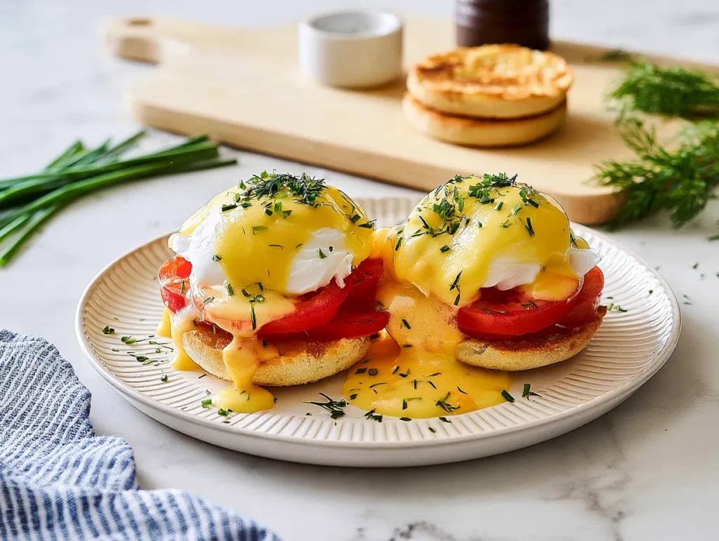 Two perfectly assembled eggs benedict halves on a textured white plate, featuring toasted English muffins, thick tomato slices, poached eggs, and creamy hollandaise sauce garnished with fresh dill and chives.