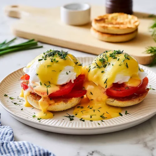 Two perfectly assembled eggs benedict halves on a textured white plate, featuring toasted English muffins, thick tomato slices, poached eggs, and creamy hollandaise sauce garnished with fresh dill and chives.