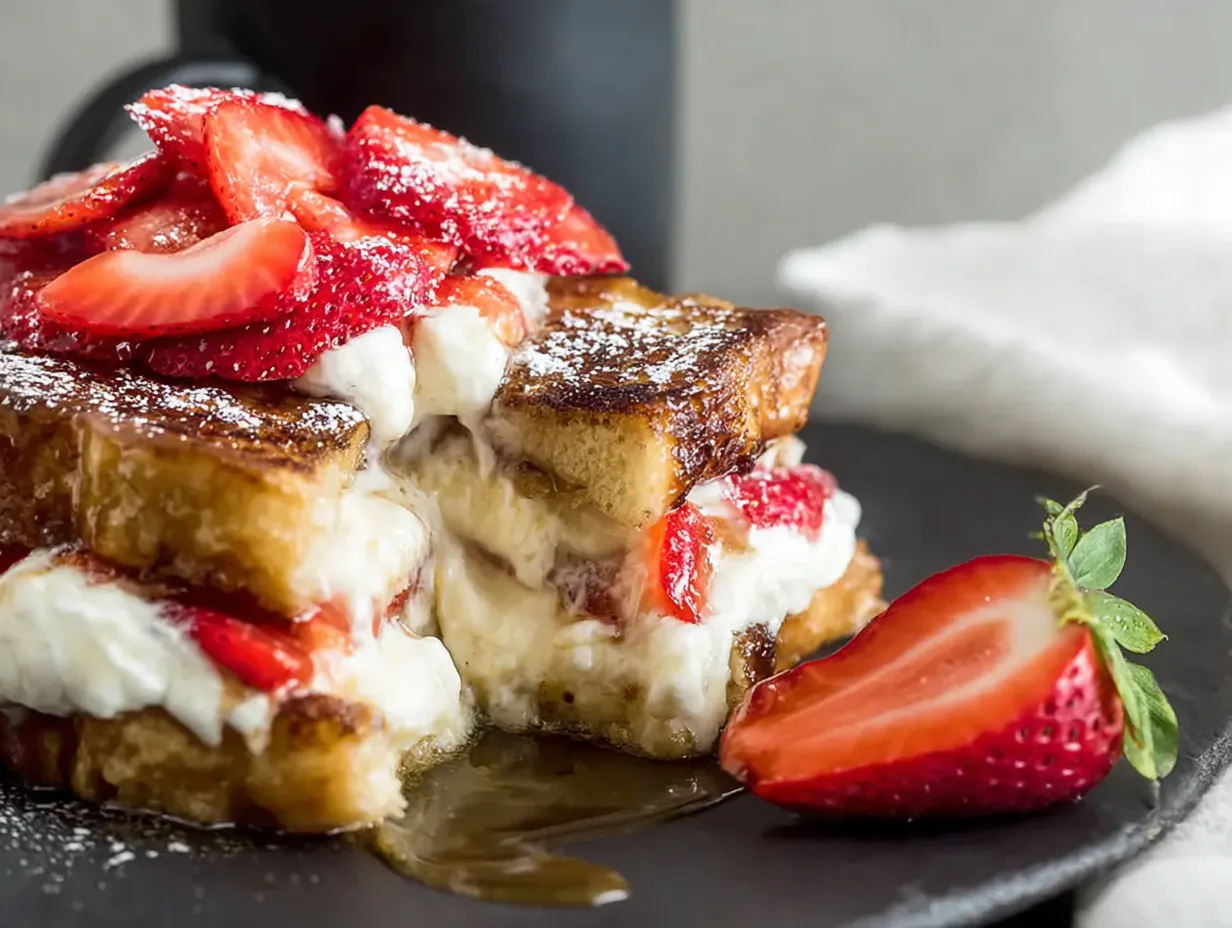 A close-up cross-section of golden brown stuffed French toast with cream cheese oozing out alongside sliced strawberries, served on a dark slate plate with pooled maple syrup and dusted powdered sugar.