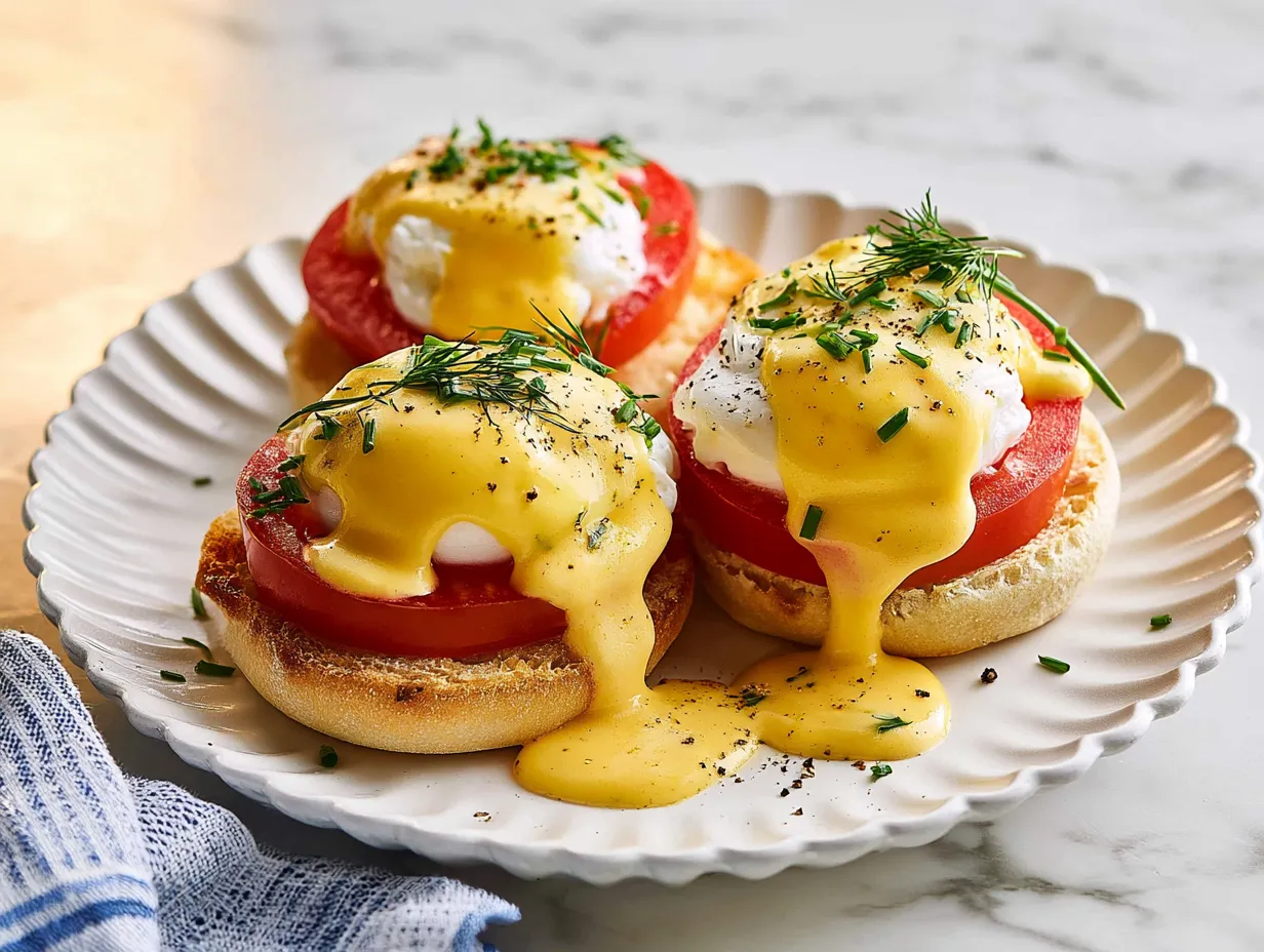 Three halves of vegetarian eggs benedict served on a white scalloped plate, featuring toasted English muffins, thick tomato slices, poached eggs, and rich hollandaise sauce sprinkled with fresh dill and chives.