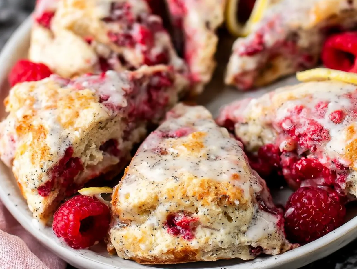 Close-up of wedge-shaped raspberry lemon scones on a light plate, coated in a white poppyseed glaze and surrounded by fresh whole raspberries and lemon slices.