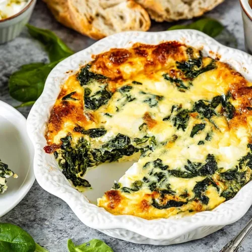 A freshly baked crustless spinach quiche resting in a white fluted pie dish, with one slice removed and plated to reveal a thick, fluffy center packed with vibrant greens and melted cheese.