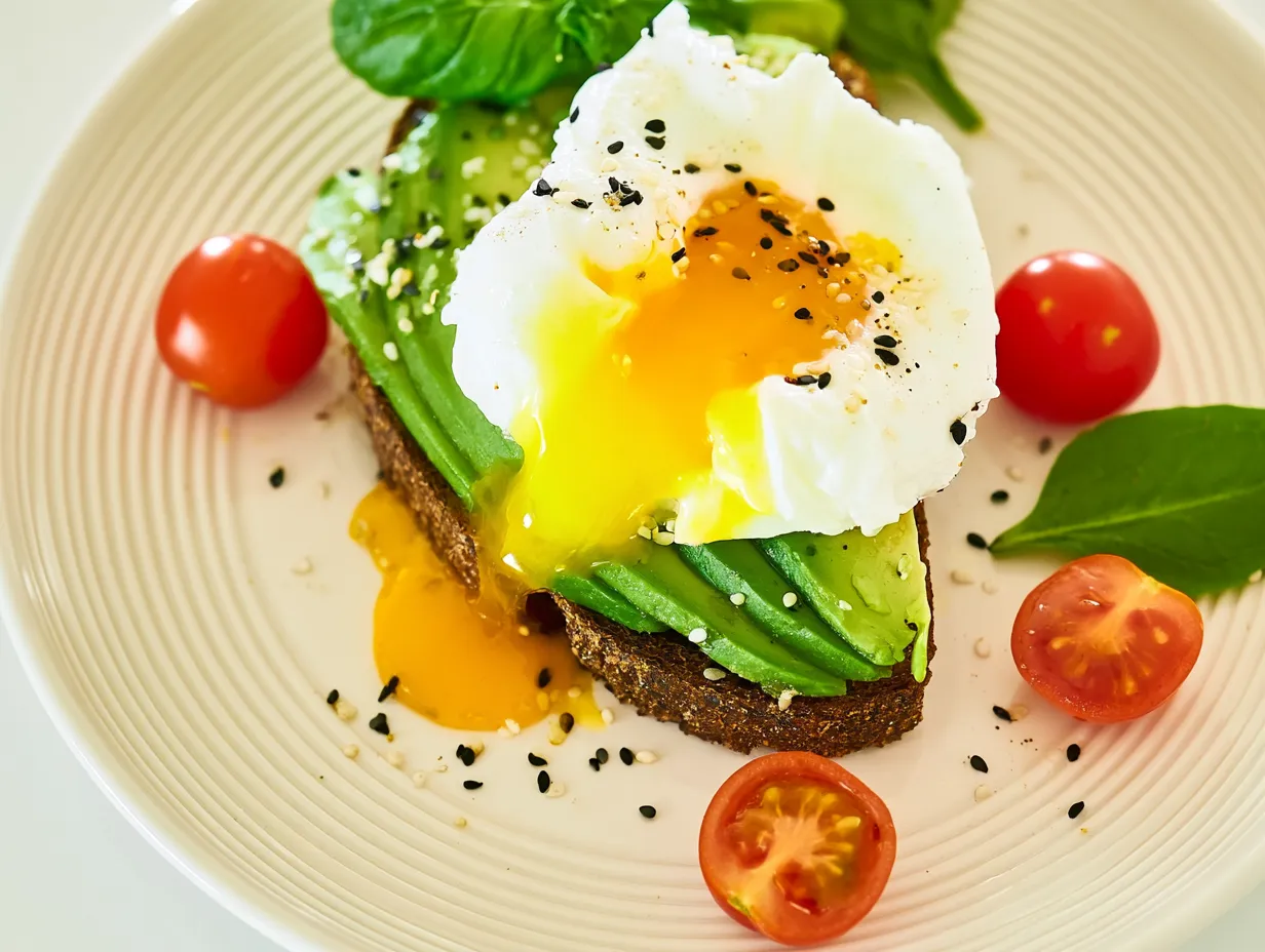 Overhead view of avocado toast with poached egg on sourdough served on a ridged white plate, featuring a bright golden runny yolk spilling over fanned avocado slices, garnished with mixed seeds, cherry tomatoes, and fresh basil.