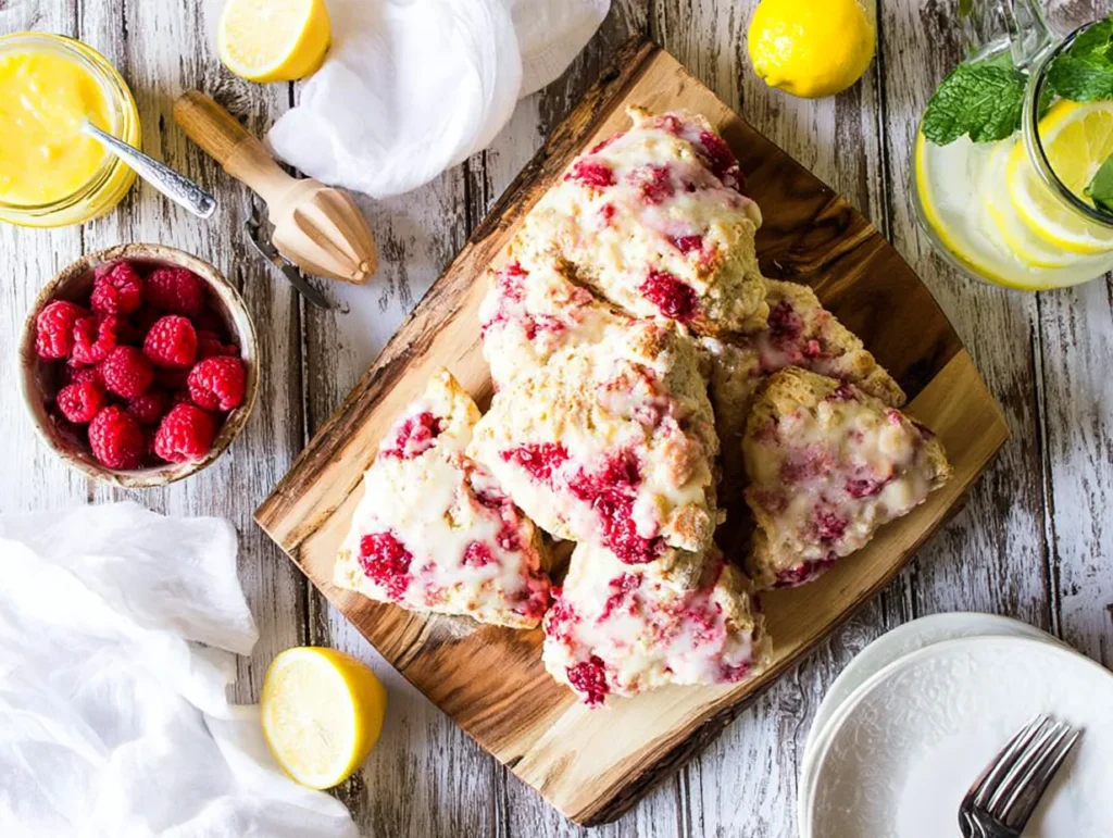 Overhead shot of freshly baked, glazed raspberry lemon scones piled on a rustic wooden serving board, surrounded by a bowl of fresh raspberries, sliced lemons, a jar of lemon curd, and white plates on a distressed white wooden table.