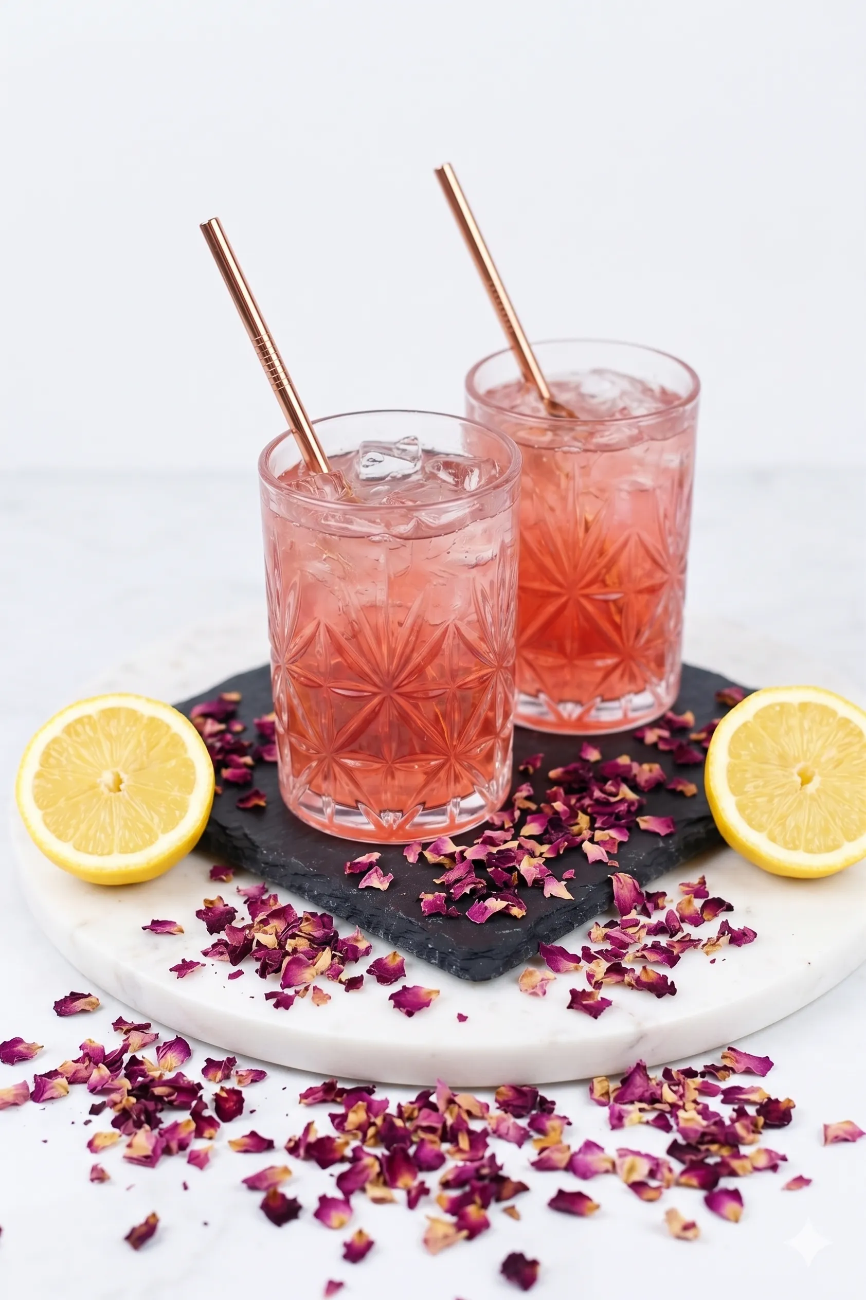 Two textured glasses filled with light pink rose lemonade and ice sit on a dark square slate coaster over a round white marble board. Sleek copper straws rest in each glass, flanked by two fresh lemon halves and scattered dried rose petals against a bright white background.