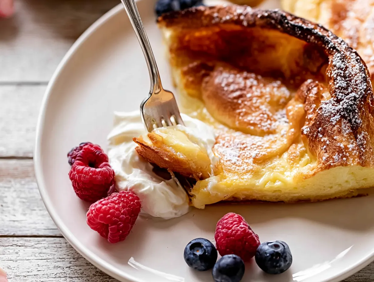 Close-up of a silver fork cutting into a slice of golden Dutch baby pancake, picking up a tender bite with whipped cream, alongside fresh raspberries and blueberries on a white plate