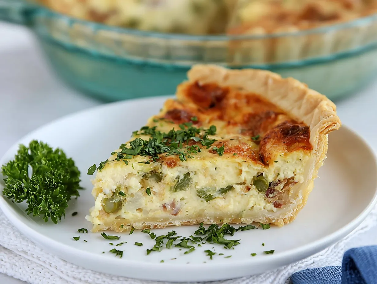 Plated slice of asparagus and bacon quiche garnished with chopped fresh herbs on a white plate, showing a creamy custard cross-section with green asparagus and bacon bits, with the remaining quiche in a glass dish blurred in the background.