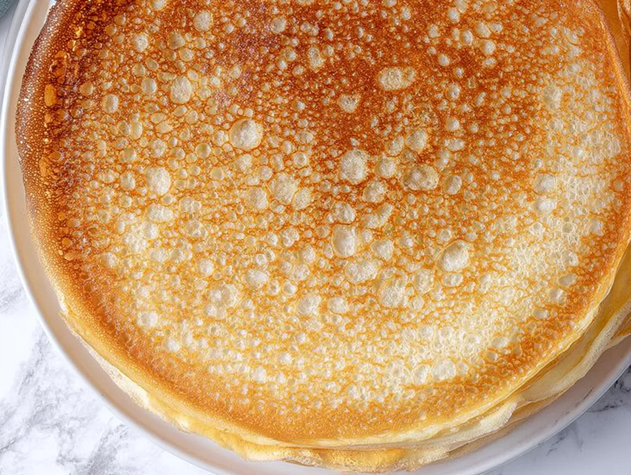 A close-up overhead view of a stack of freshly cooked, thin crepes on a white plate, highlighting the top crepe's golden-brown, lacy, and bubbly texture.