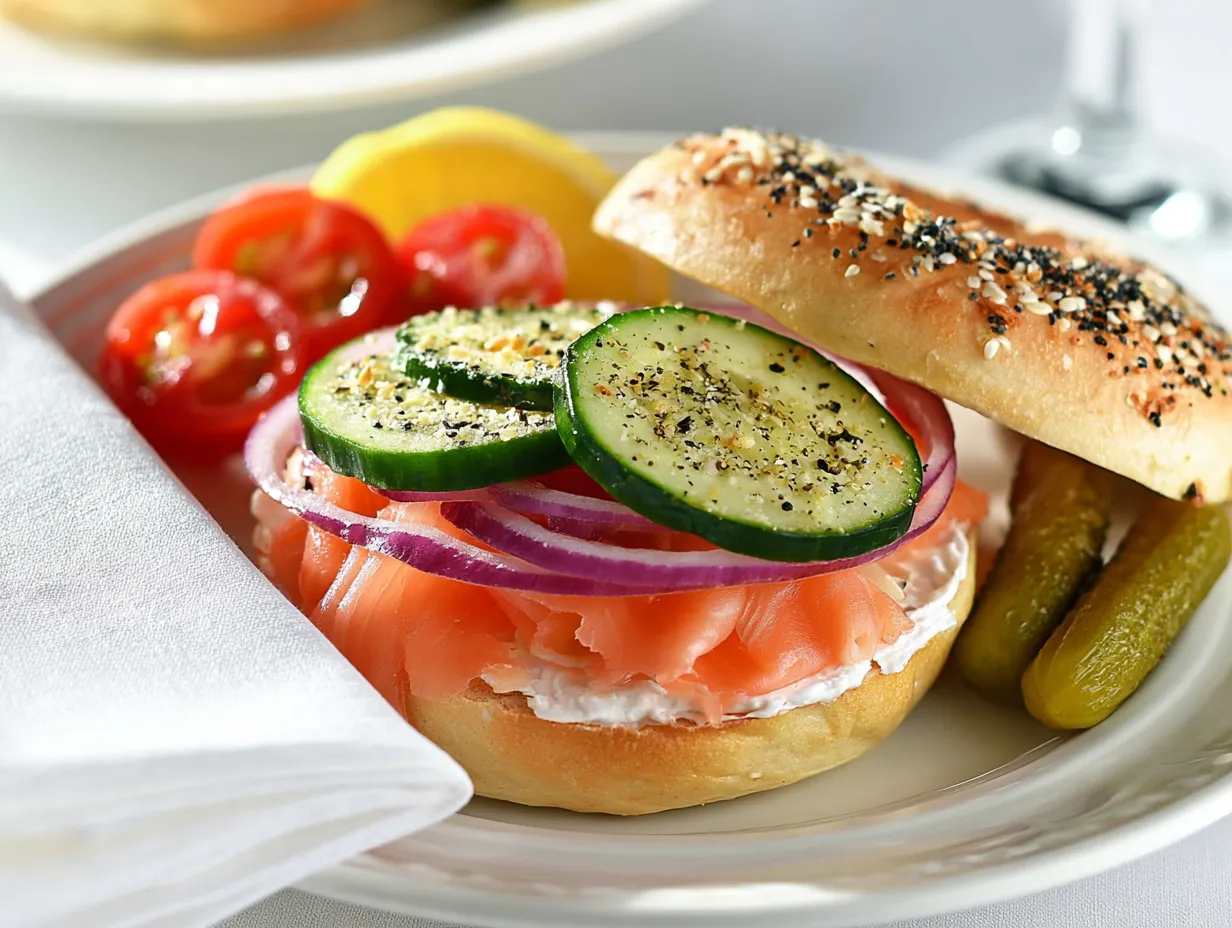 A close-up photo of a fully assembled everything bagel on a white plate, layered with cream cheese, silky folds of smoked salmon, thinly sliced red onion, and seasoned cucumber rounds. Halved cherry tomatoes, sweet baby gherkin pickles, and a fresh lemon wedge sit on the side next to a white napkin