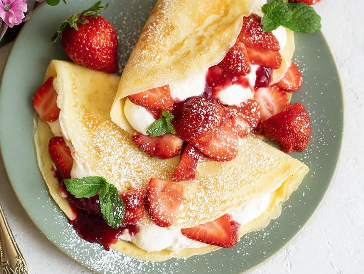 A close-up, overhead view of two folded golden crepes on a muted green plate, overflowing with fluffy white cream, fresh sliced strawberries, and a red berry sauce, all lightly dusted with powdered sugar and garnished with fresh mint leaves.