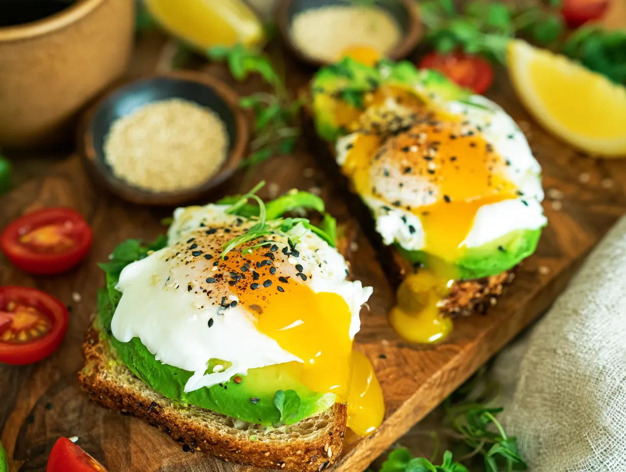Close-up of avocado toast with poached egg on sourdough bread, served on a rustic wooden board showing a rich, golden runny yolk spilling over the sides, garnished with mixed seeds, fresh microgreens, and cherry tomatoes.