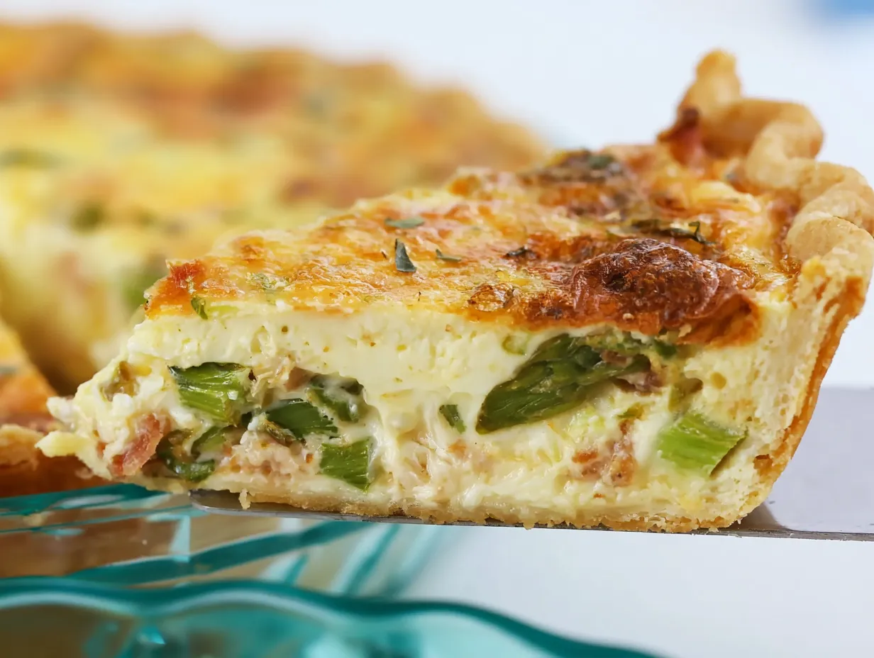 A close-up shot of a thick slice of asparagus and bacon quiche being lifted on a metal pie server, showcasing a flaky crust, silky custard filling, bright green asparagus pieces, and a blistered golden-brown top.