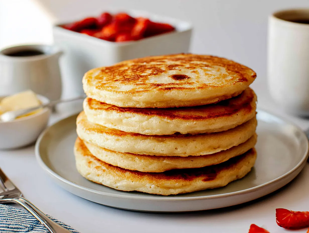 A tall stack of five thick, golden-brown ricotta pancakes on a light grey plate, surrounded by a bright brunch setting featuring a bowl of fresh strawberries, butter, syrup, and a warm coffee mug.